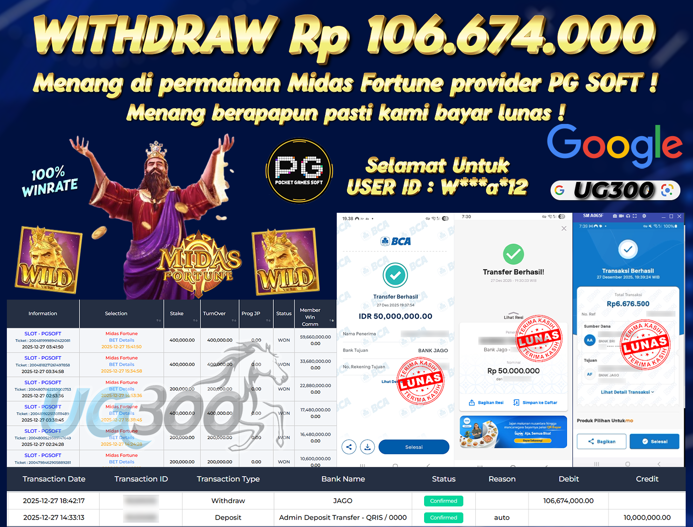 UG300 BERMAIN DI MIDAS FORTUNE PG SOFT JACKPOT Rp.106,674,000- DI BAYAR TUNTAS